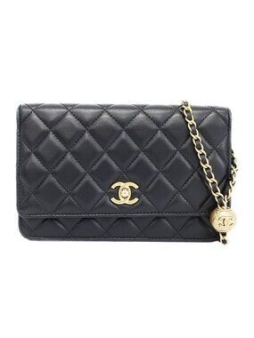 Chanel Chain Wallet Shoulder Bag Quilted Black Leather Coco